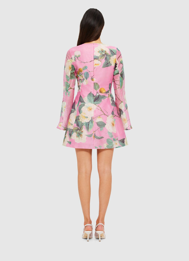 Exclusive Leo Lin Suzanne Bell Sleeve Mini Dress in Camelia Print