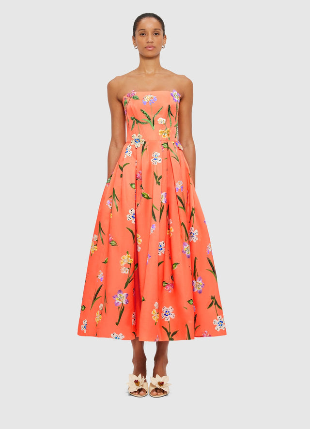 Exclusive Leo Lin Lynn Bustier Midi Dress in Wild Flower in Coral