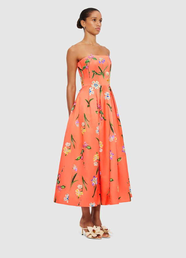 Exclusive Leo Lin Lynn Bustier Midi Dress in Wild Flower in Coral