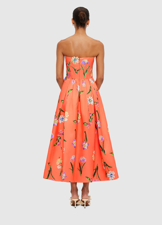Exclusive Leo Lin Lynn Bustier Midi Dress in Wild Flower in Coral