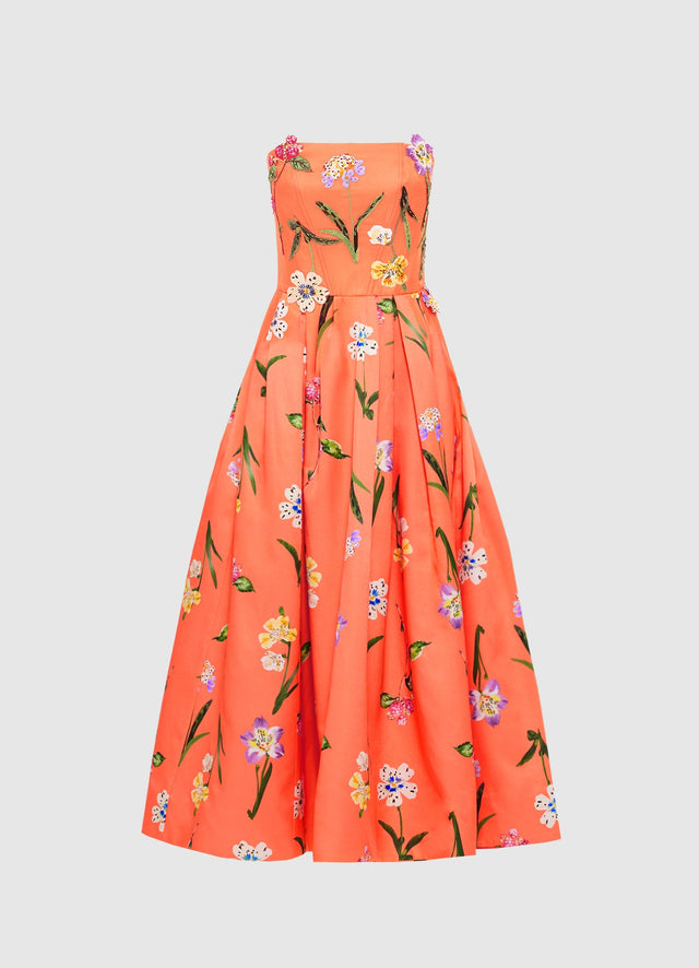 Exclusive Leo Lin Lynn Bustier Midi Dress in Wild Flower in Coral