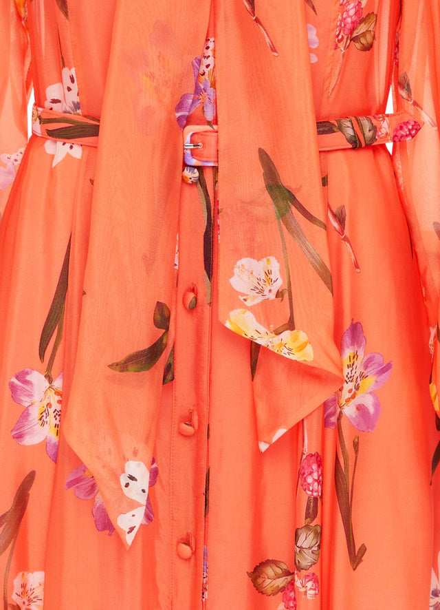 Exclusive Leo Lin Liliane Tie Neck Midi Dress in Wild Flower in Coral
