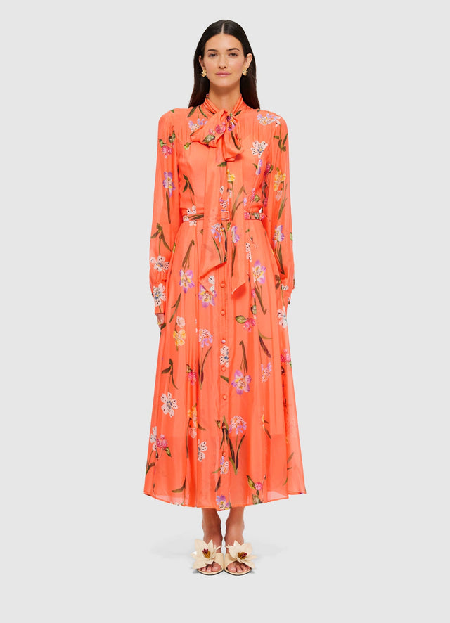 Exclusive Leo Lin Liliane Tie Neck Midi Dress in Wild Flower in Coral