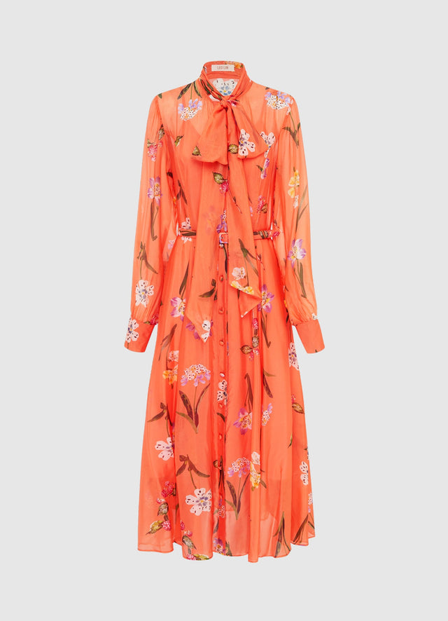 Exclusive Leo Lin Liliane Tie Neck Midi Dress in Wild Flower in Coral