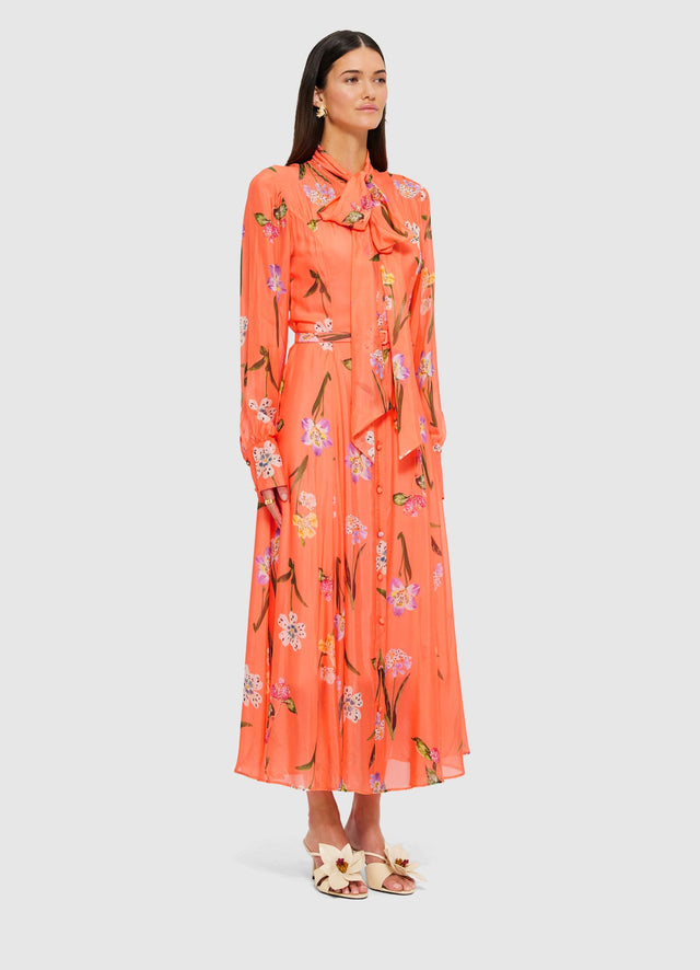 Exclusive Leo Lin Liliane Tie Neck Midi Dress in Wild Flower in Coral