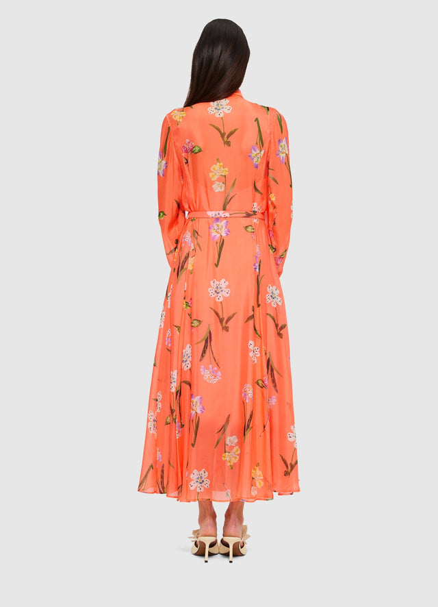 Exclusive Leo Lin Liliane Tie Neck Midi Dress in Wild Flower in Coral