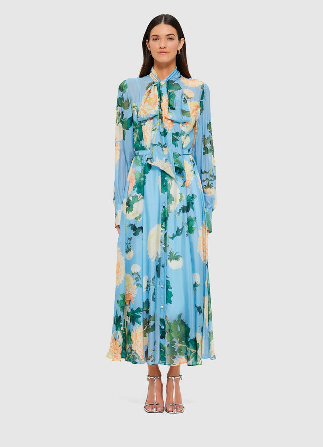 Exclusive Liliane Tie Neck Midi Dress in Hydrangea in Cornflower Blue