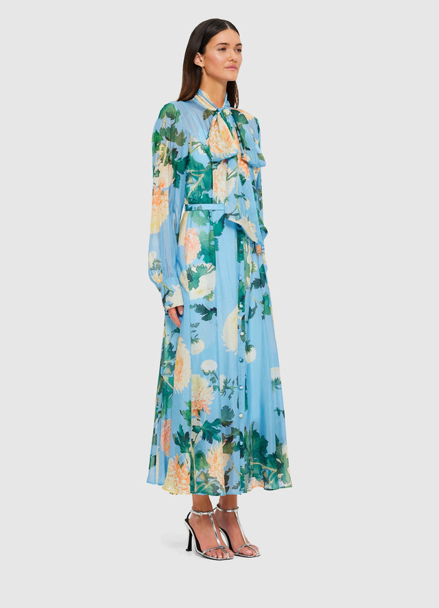 Exclusive Liliane Tie Neck Midi Dress in Hydrangea in Cornflower Blue