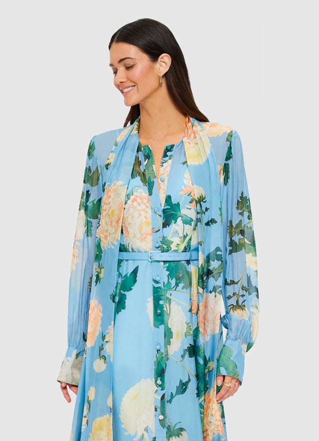 Exclusive Liliane Tie Neck Midi Dress in Hydrangea in Cornflower Blue