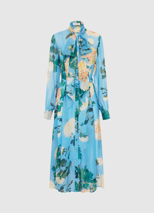 Exclusive Liliane Tie Neck Midi Dress in Hydrangea in Cornflower Blue