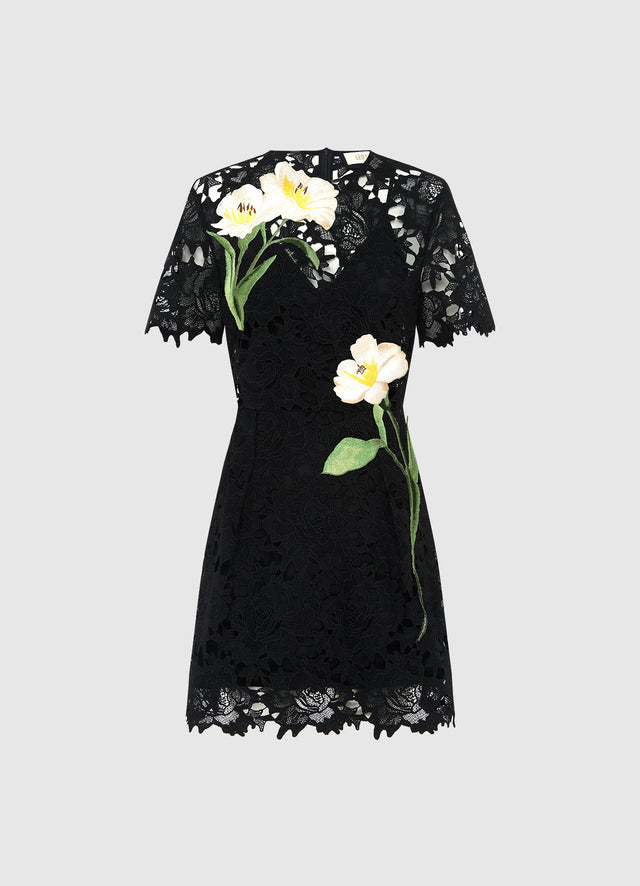 Exclusive Leo Lin Margot Embroidered Lace Mini Dress in Ebony