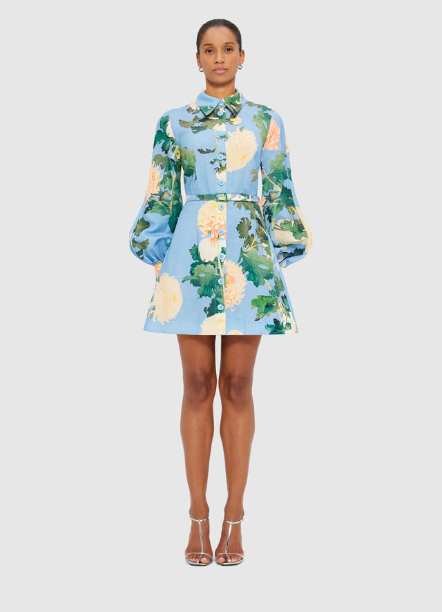 Exclusive Leo Lin Luminous Linen Mini Dress in Hydrangea Print in Cornflower Blue