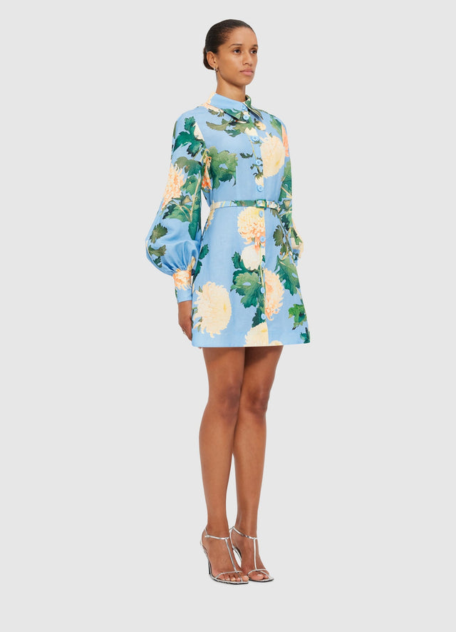 Exclusive Leo Lin Luminous Linen Mini Dress in Hydrangea Print in Cornflower Blue