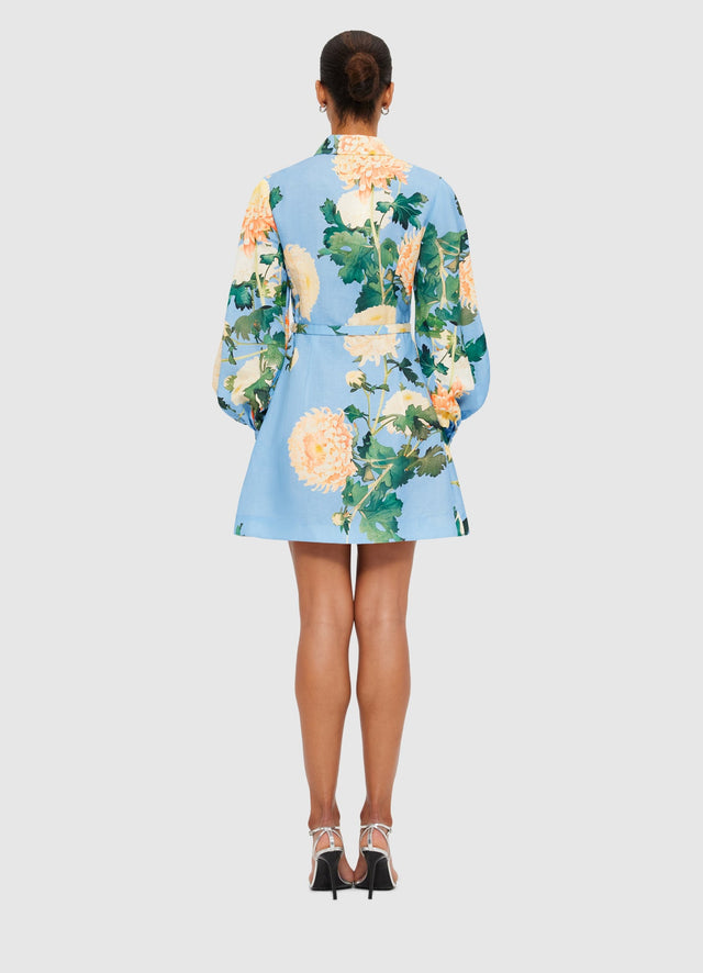 Exclusive Leo Lin Luminous Linen Mini Dress in Hydrangea Print in Cornflower Blue