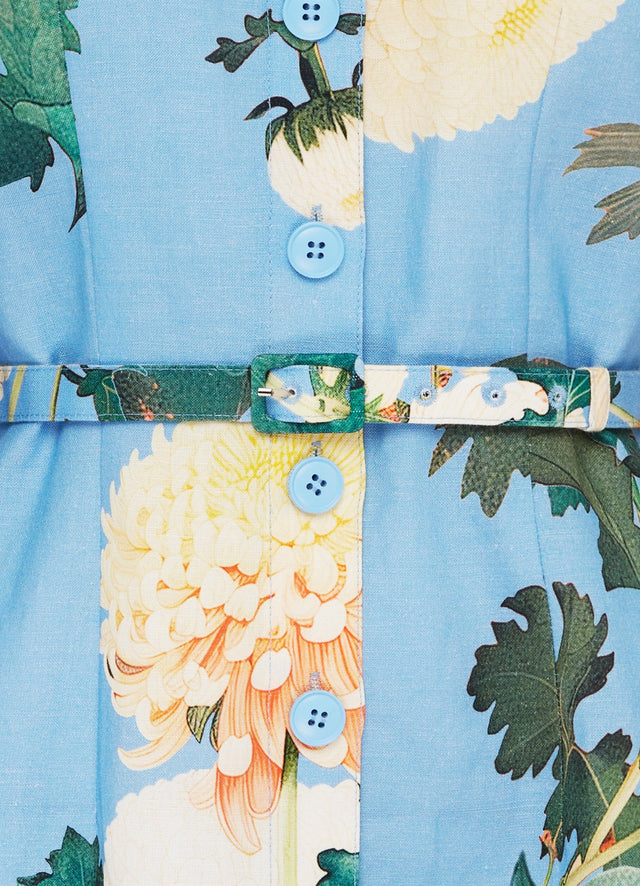 Exclusive Leo Lin Luminous Linen Mini Dress in Hydrangea Print in Cornflower Blue