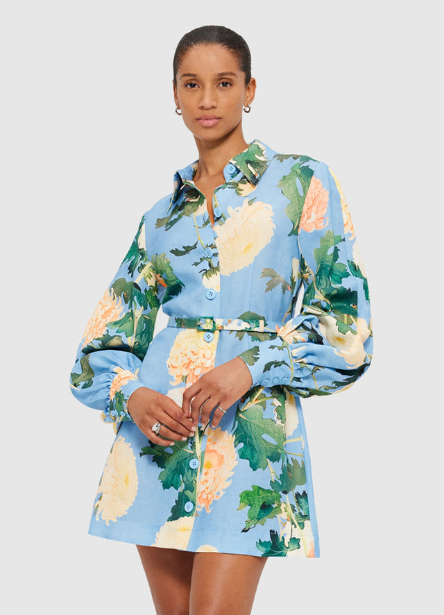 Exclusive Leo Lin Luminous Linen Mini Dress in Hydrangea Print in Cornflower Blue