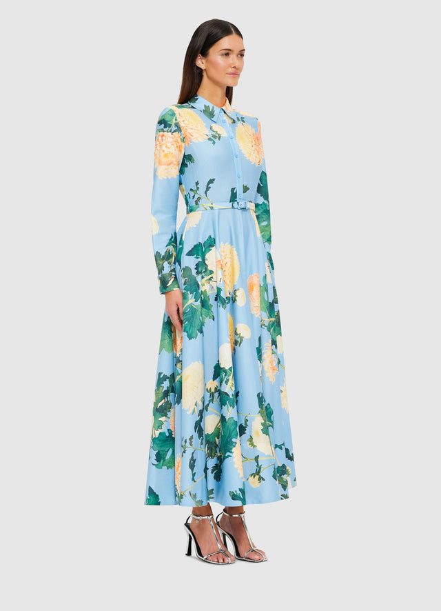 Exclusive Leo Lin Zara Shirt Midi Dress in Hydrangea Print in Cornflower Blue