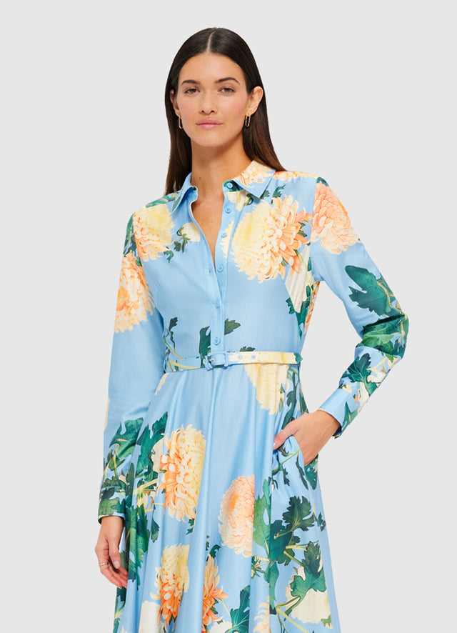 Exclusive Leo Lin Zara Shirt Midi Dress in Hydrangea Print in Cornflower Blue