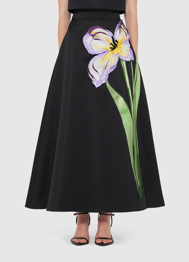Exclusive Leo Lin Rafaela Appliqué Floral Maxi Skirt in Iris Print in Ebony