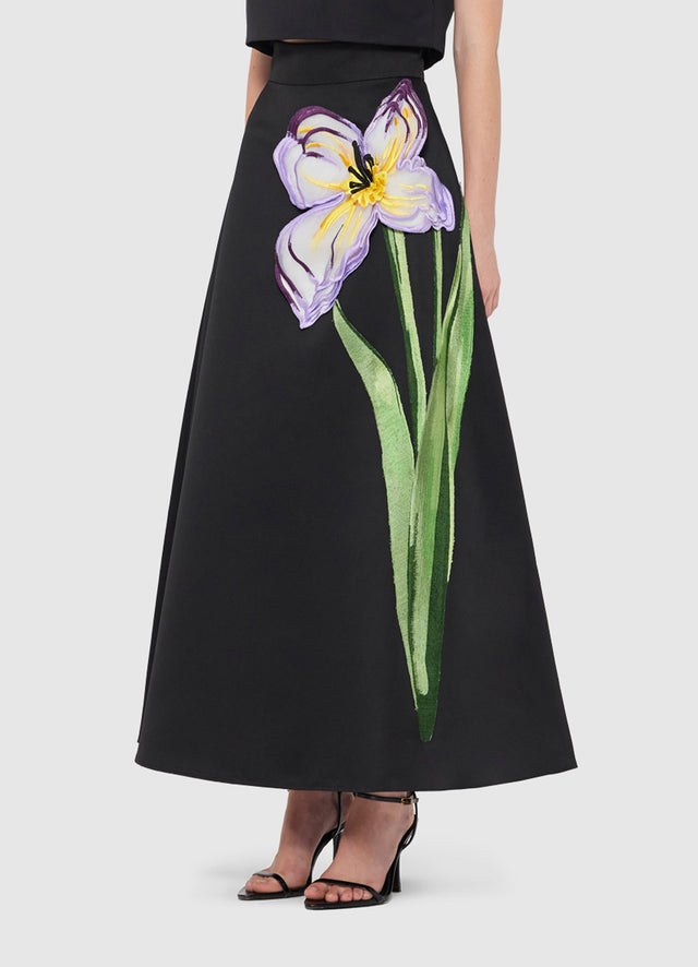 Exclusive Leo Lin Rafaela Appliqué Floral Maxi Skirt in Iris Print in Ebony