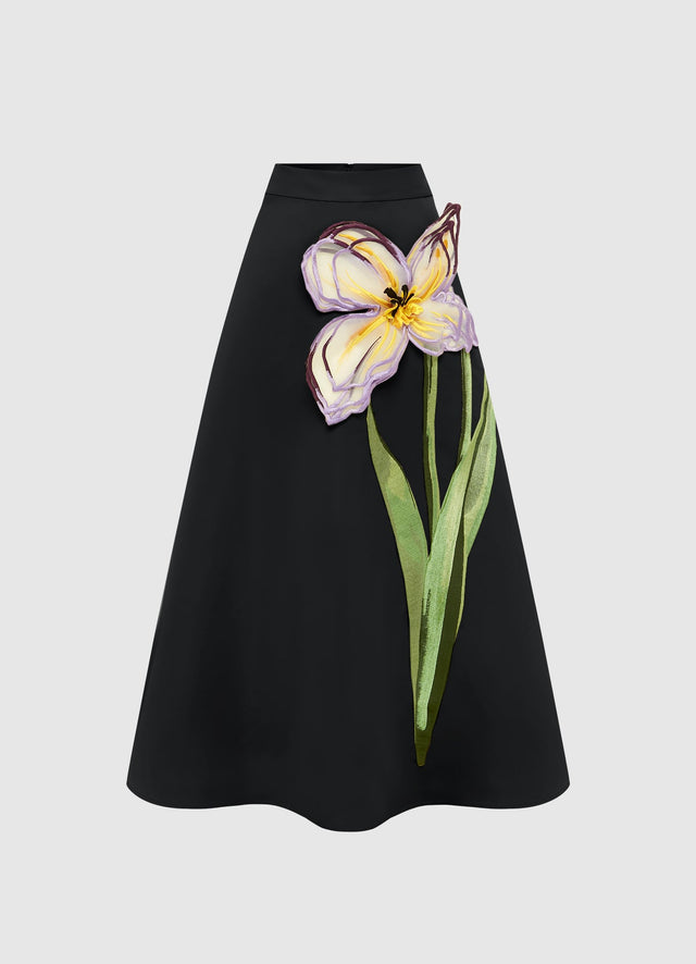 Exclusive Leo Lin Rafaela Appliqué Floral Maxi Skirt in Iris Print in Ebony