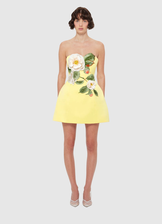 Exclusive Leo Lin Rosario Appliqué Floral Bustier Mini Dress in Sorbet Yellow