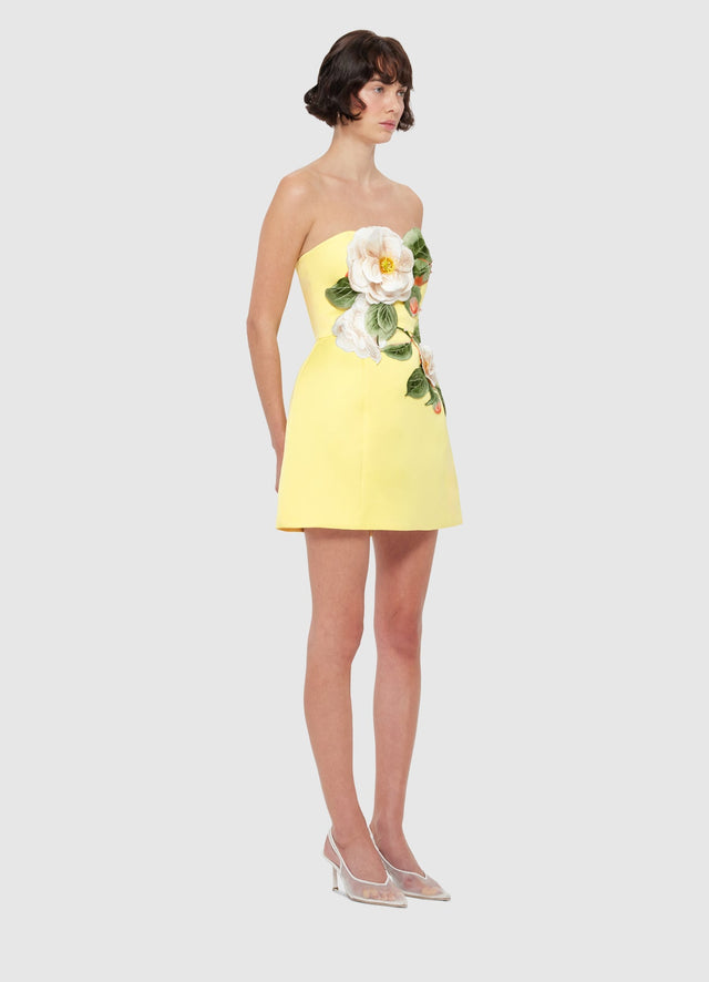 Exclusive Leo Lin Rosario Appliqué Floral Bustier Mini Dress in Sorbet Yellow
