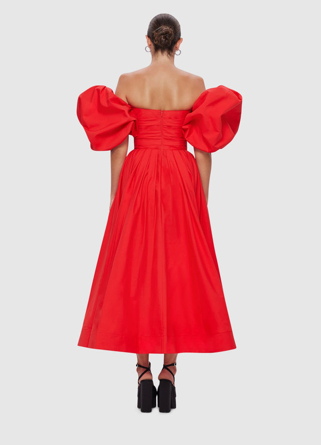Exclusive Leo Lin Matilda Puff Sleeve Midi Dress in Scarlet