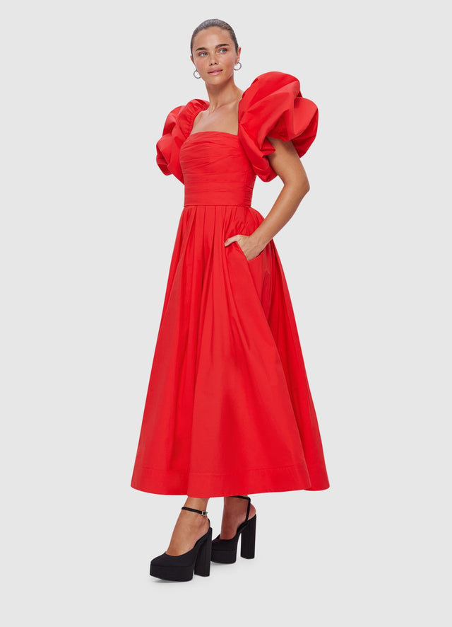 Exclusive Leo Lin Matilda Puff Sleeve Midi Dress in Scarlet
