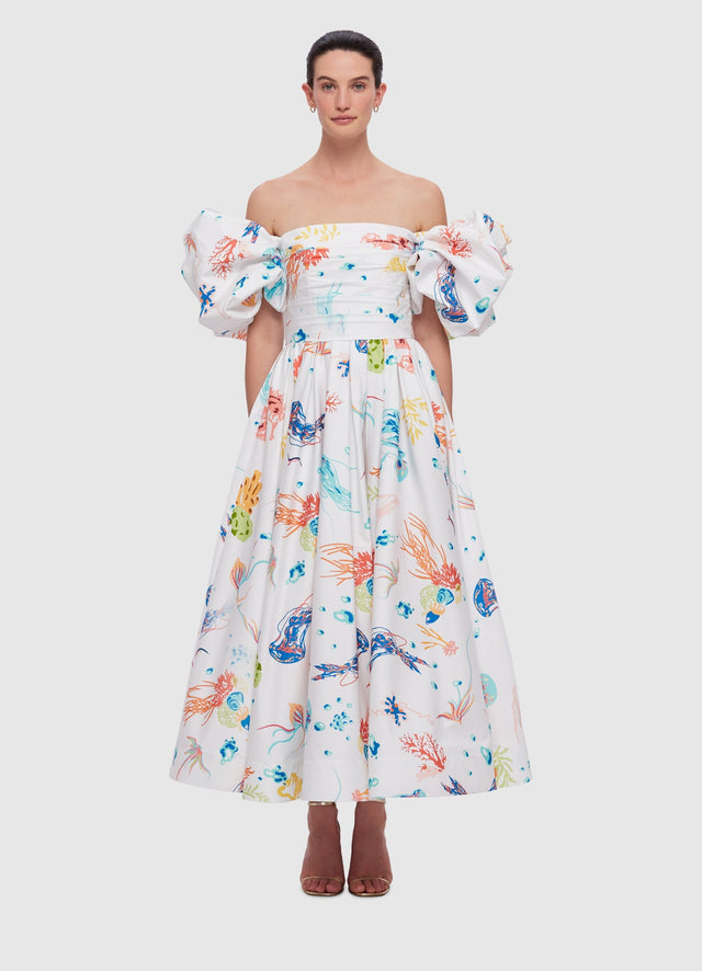Exclusive Leo Lin Matilda Puff Sleeve Midi Dress in Twilight Print in White 
