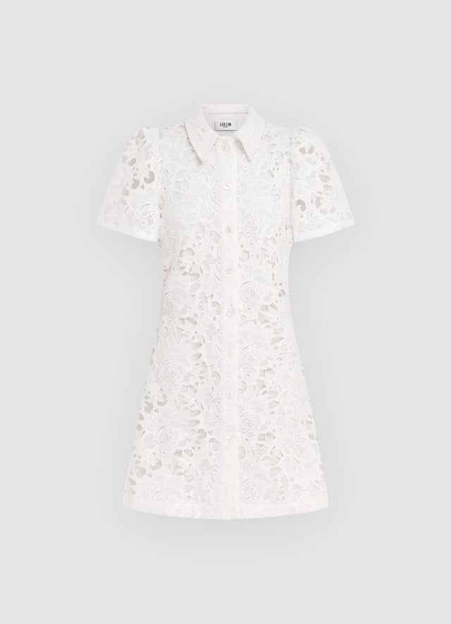Exclusive Leo Lin Brooke Lace Shirt Sleeve Mini Dress in Snow