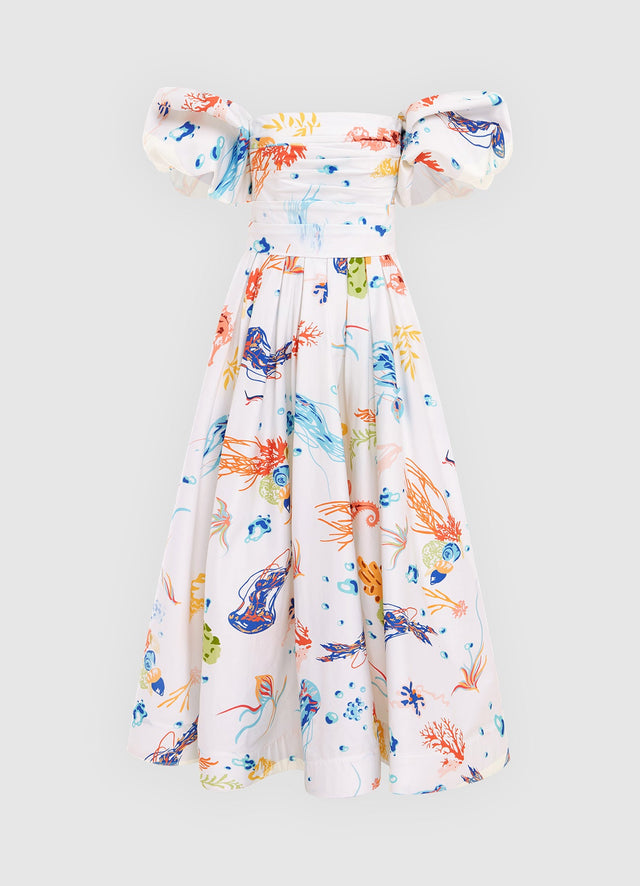 Exclusive Leo Lin Matilda Puff Sleeve Midi Dress in Twilight Print in White 