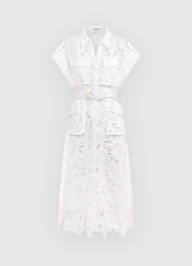 Exclusive Leo Lin Audrey Lace Pocket Shirt Midi Dress in Snow