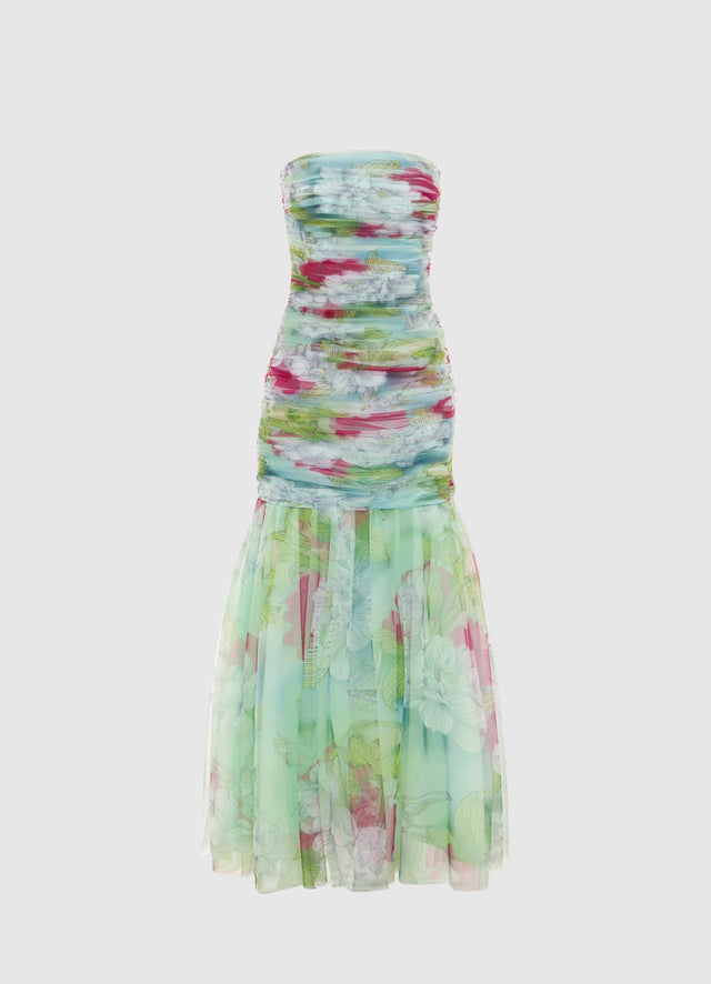 Exclusive Leo Lin Natalie Ruched Midi Dress in Swallow Print in Tranquility