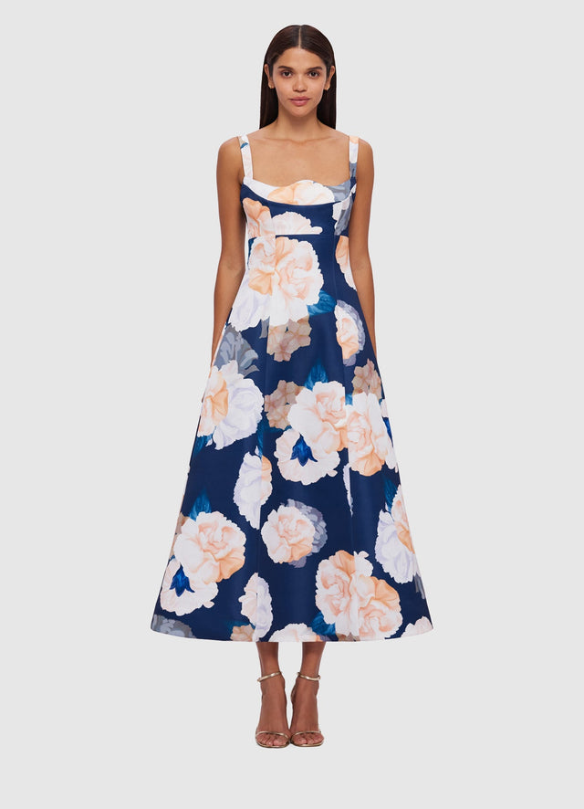 Exclusive Leo Lin Odette Midi Dress in Rosebud Print in Navy