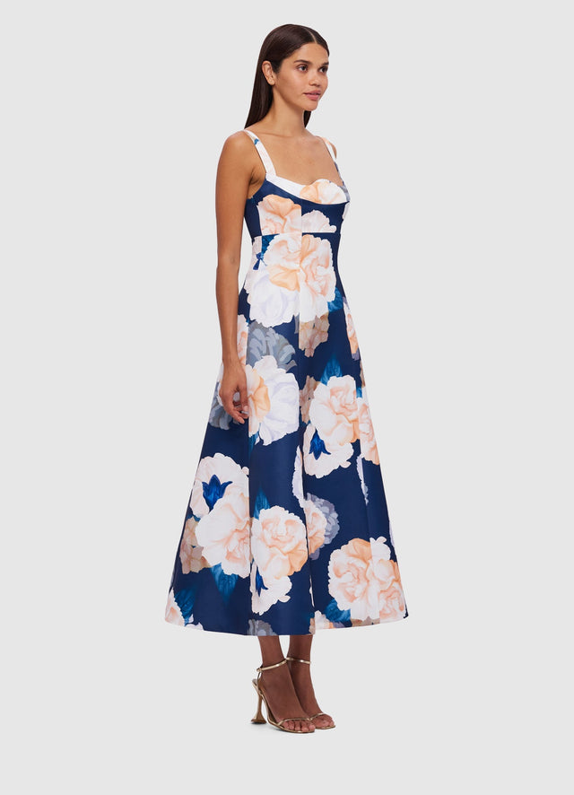 Exclusive Leo Lin Odette Midi Dress in Rosebud Print in Navy