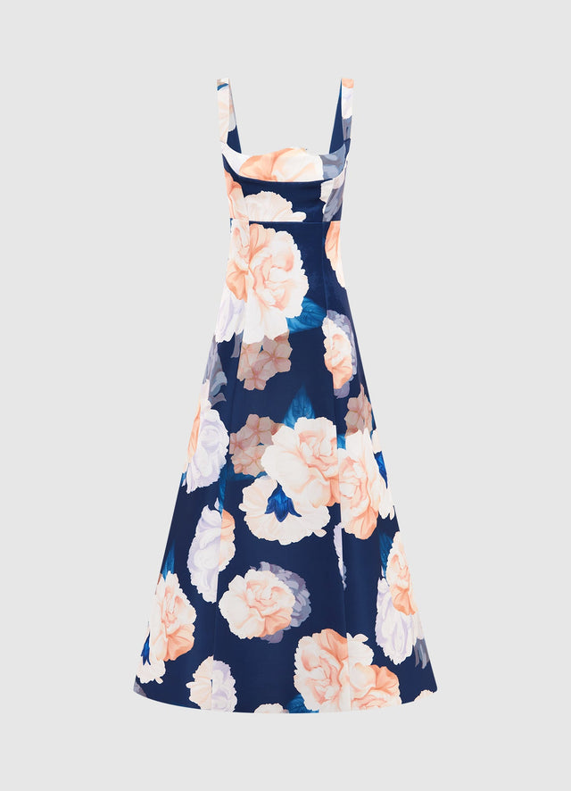 Exclusive Leo Lin Odette Midi Dress in Rosebud Print in Navy