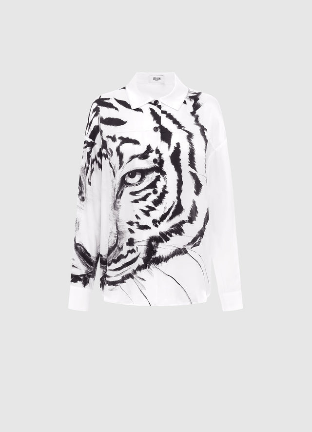 Exclusive Leo Lin Tina Silk Shirt in Tiger Print in White