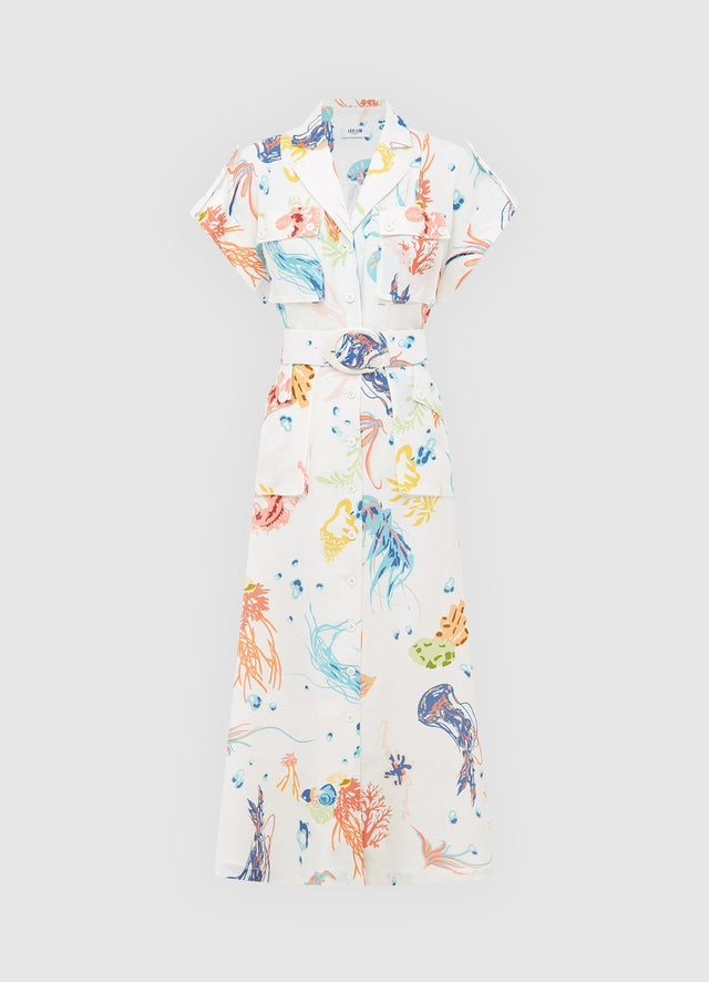 Exclusive Leo Lin Audrey Pocket Shirt Midi Dress in Twilight Print in White